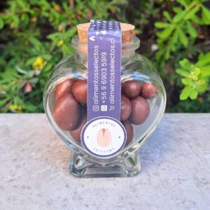 Frasquito de vidrio en forma de corazón con 60 g de almendras cubiertas de chocolate