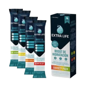 Pack de Bebida Isotónica en Polvo Extra Life con 4 sachets de 15 g, sabores Lime, Orange Mango, Tropical y Berry Blast.