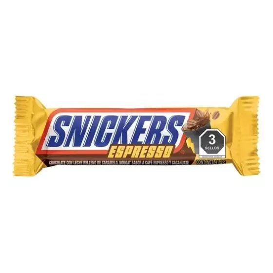 Snickers Espresso 41.5g barra de chocolate con cafe Snickers Espresso 41.5g chocolate con cafe y mani